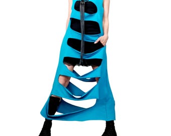 Asymmetrische blauwe katoenen top, extravagante tuniek