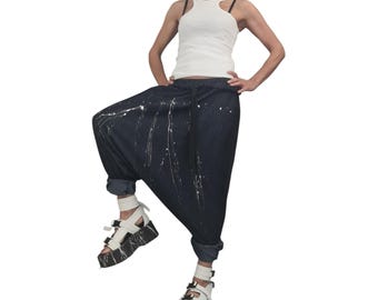 Extravagant Denim Harem Trousers, Avant Garde Deep Drop Crotch Pants for Women