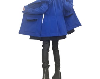 Royal Blue Asymmetric Winter Jacket, Plus Size Coat, Deconstructed Blazer
