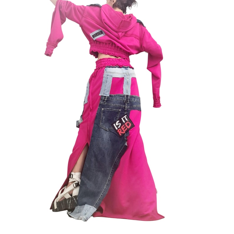 Long Cotton Skirt Switcher Set, Fuchsia Pink Handmade Outfit with Denim Elements, Asymmetrical Long Skirt Long Sleeve Top, Avant-Garde Set image 3