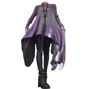 Purple Wool Blend Knitted Blouse, Open Shoulder Sweater, Plus Size Long Sleeve Top