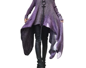 Purple Knitted Wool Blend Blouse, Open shoulders Long sleeve Sweater