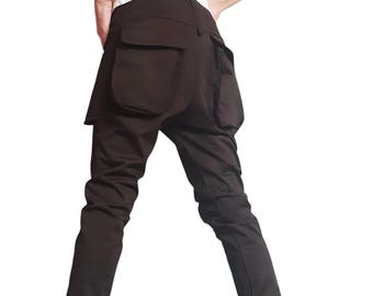 Black Cotton Skinny Pants, Drop Crotch Trousers, Outer Pockets, Cargo Details, Gothic Cyberpunk Design