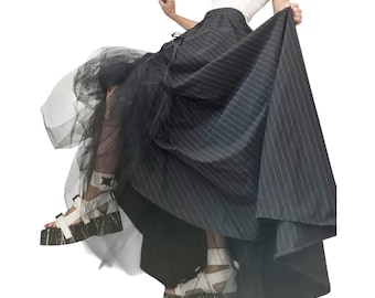 Transformable Pinstripe Gown, Runway Statement Piece, Avant Garde Artwear for Women