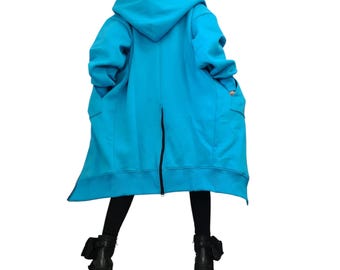 Blue Hooded Cotton Sweatshirt, Oversized Loose Coat, Plus Size Longline Hoodie