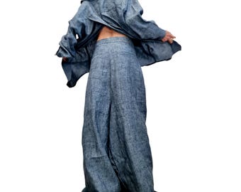 Handmade Denim Blue Linen Shirt, Open Back Asymmetric Blouse, Boho Shirt