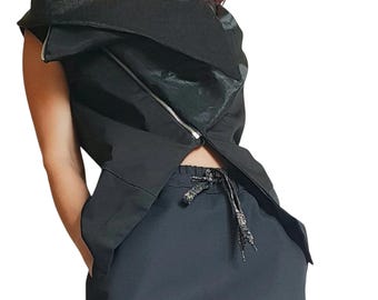 Black Asymmetrical Vest, Sleeveless Fitted Top with Chiffon Collar Detail, Diagonal Zip