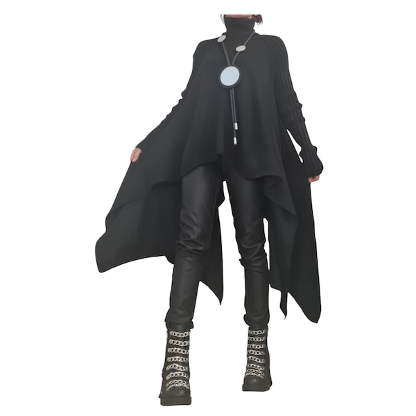 Black Gothic Knit Tunic, Asymmetric Long Sweater Top, Women Clothing, Extravagant Style