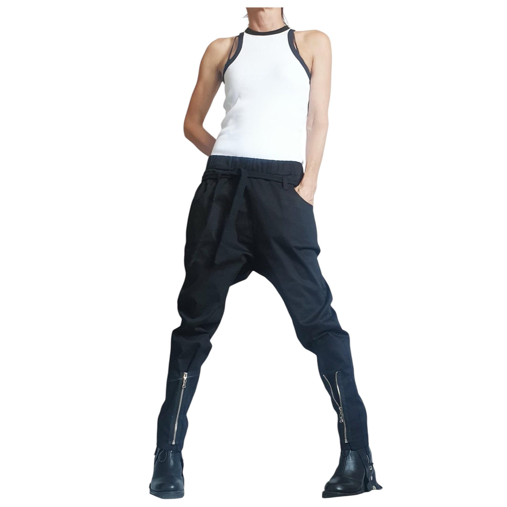 Buy Black Drop Crotch Trousers, Zip Detail Pants for Tapered Leg