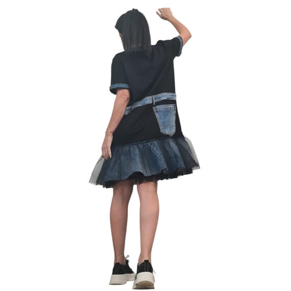 Black Cotton Tunic, Asymmetric Denim Tulle Dress, Plus Size Dress