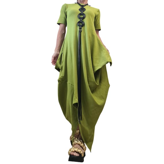 Pistachio Green Cotton Rib Maxi Dress, Asymmetric Plus Size Clothing Pistachio Green Cotton Rib Maxi Dress, Asymmetric Plus Size Clothing