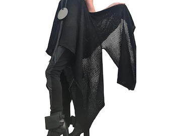 Schwarze, asymmetrische Stricktunika, hochgeschlossener Pullover mit offenen Schultern, Top in großen Größen