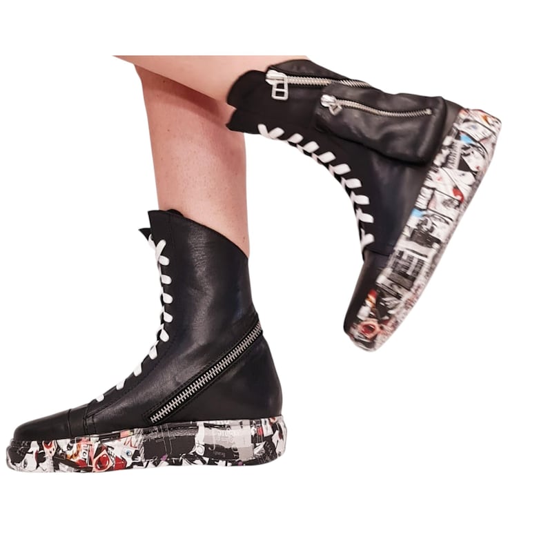 Handmade Black Leather Boots, Conceptual Design, High Top Statement Footwear image 2