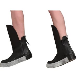 Black Leather Platform Sneakers for Women, Avant Garde High Tongue Boots with Back Zipper image 4