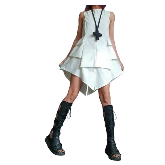 White Asymmetric Extravagant Dress, Plus Size Clothing, Sleeveless Gown