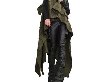 Military Green Mohair Cardigan, Asymmetric Maxi Knitted Vest, Oversized Knit