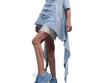 Avant Garde Light Blue Deconstructed Tunic, Asymmetric Loose Blouse, Short Sleeve