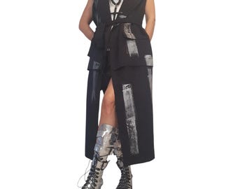 Black Denim Gothic Vest, Sleeveless Asymmetric Long Short Vest, Designer Silver Paint