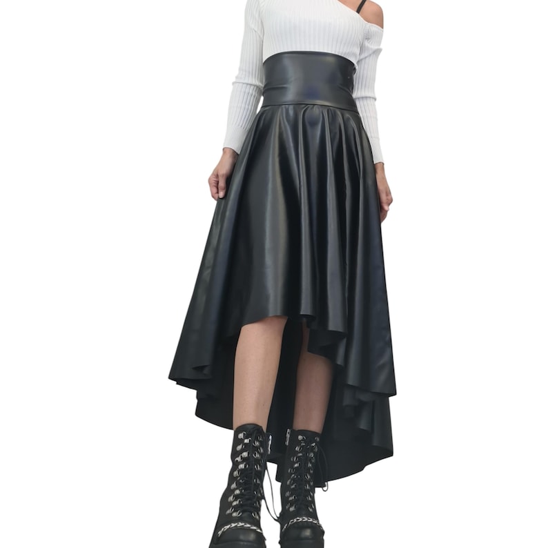 Eco Leather High Waist Asymmetric Skirt, Extravagant Black Gothic Skirt image 2