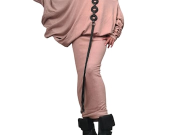 Pink Knit Pencil Skirt, Asymmetrical Long Sleeve Blouse, Plus Size Two Piece Co-Ord Set