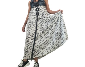 Denim Maxi Dress with Chiffon Skirt, Open Back Dress, Oversized Avant Garde Clothing