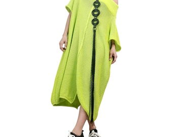 Lime Green Knit Tunic, Avant Garde Asymmetric Sweater Dress,  Handmade Oversize Extravagant Top