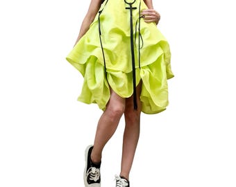 Falda convertible de lino color lima, largo ajustable, conjunto veraniego vanguardista de capas para mujer.