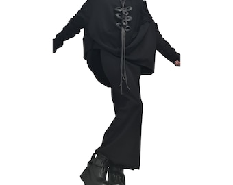 Extravagant Black Gothic Two Piece Set, Maxi Fit Cotton Dress with Oversize Tunic