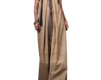 Wide Leg Jumpsuit, Sleeveless Bustier Overall, Beige Harem Jumpsuit