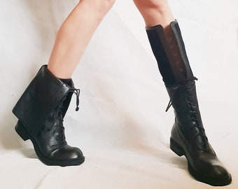 Genuine Leather High Ankle Boots, Black Gothic Platform Shoes