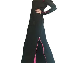 Black Maxi Dress Long Sleeve, Pink Zipper, Handmade Dress for Woman, Plus Size