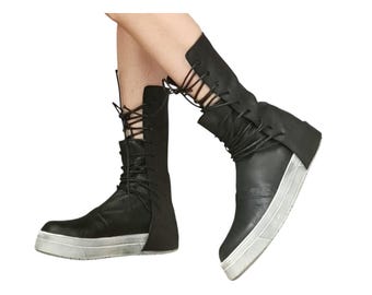 Botas góticas negras, zapatillas de cuero estilo grunge, botines de mujer con cremallera para fiestas rave.
