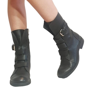 Bottes de combat en cuir noir, bottines gothiques grunge, chaussures steampunk
