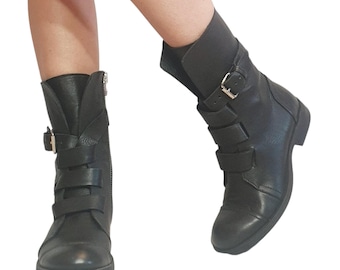 Black Leather Combat Boots, Gothic Grunge Ankle Booties, Steampunk Shoes