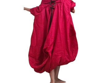 Oversized Linen Tunic Dress, Avant Garde Red Kaftan, Asymmetrical Balloon Shirt, Plus Size Artistic Clothing