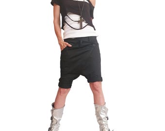 Black Knee Length Pants, Asymmetric Button Closure, Drop Crotch, Cotton Shorts