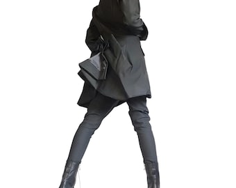 Black Asymmetric Denim Blazer, Fitted Peplum Jacket,  Avant Garde Blazer