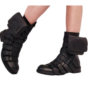 Bottines en cuir noir, poche mobile, chaussures gothiques steampunk grunge
