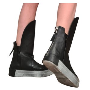 Black Leather Platform Sneakers for Women, Avant Garde High Tongue Boots with Back Zipper image 14