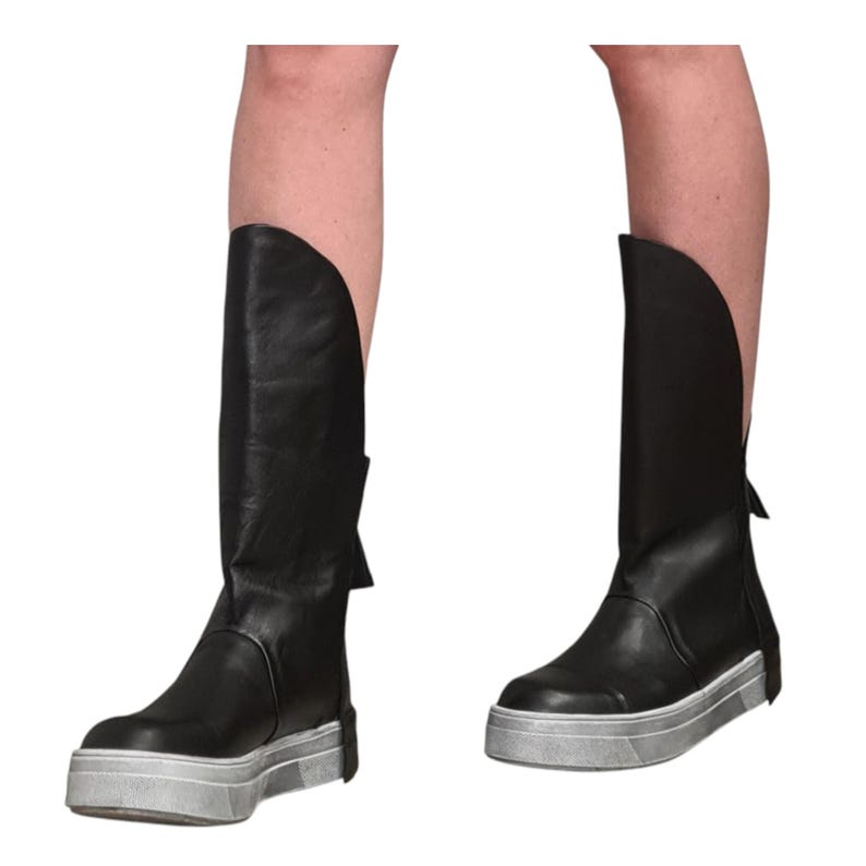 Black Leather Platform Sneakers for Women, Avant Garde High Tongue Boots with Back Zipper image 2
