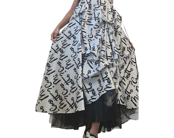 Avant Garde Script Print Maxi Dress, Transformable Cotton Satin Skirt