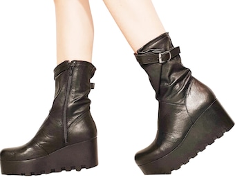 Black Leather Gothic Platform Boots, Grunge Ankle Booties, Steampunk Women Shoes