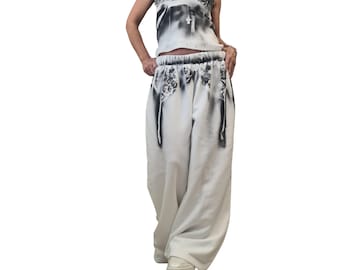 Hand Painted Women Set, Wide Leg Pants, Tank Top, Black White Oversized Outfit