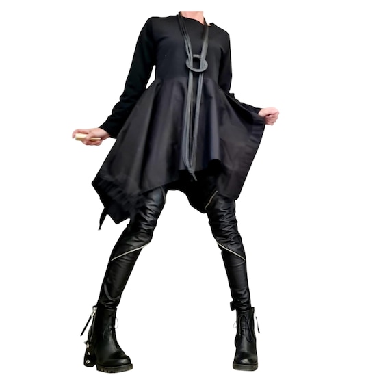 Black Asymmetric Tulle Tunic Dress, Long Sleeve Oversized Avant Garde Top, Loose Fit