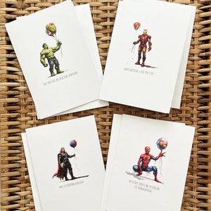 Pacote de 4 cartões de aniversário digitais - Cartões de aniversário da Marvel - Cartões para download - Homem-Aranha - Thor - Hulk - Homem de Ferro - Download instantâneo