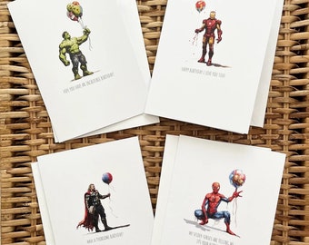 Digitale verjaardagskaarten, pakket van 4 - Marvel-verjaardagskaarten - downloadbare kaarten - Spiderman - Thor - The Hulk - Iron Man - direct downloaden