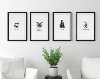 Set de 4 impresiones en acuarela de Star Wars - Arte mural de Star Wars - Decoración de pared - Póster de Star Wars
