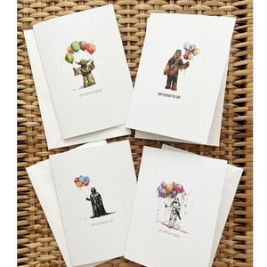 Pack Of 4 Birthday Cards -  Star Wars - Happy Birthday - Birthday - Chewbacca - Darth Vader - Storm Trooper - Yoda - Birthday Card