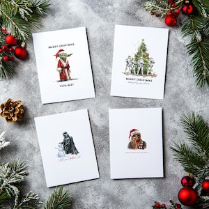 Pacote de 4 cartões de Natal digitais - Cartões de Star Wars - Feliz Natal - Natal - Darth Vader - Stormtrooper - Yoda - Download instantâneo