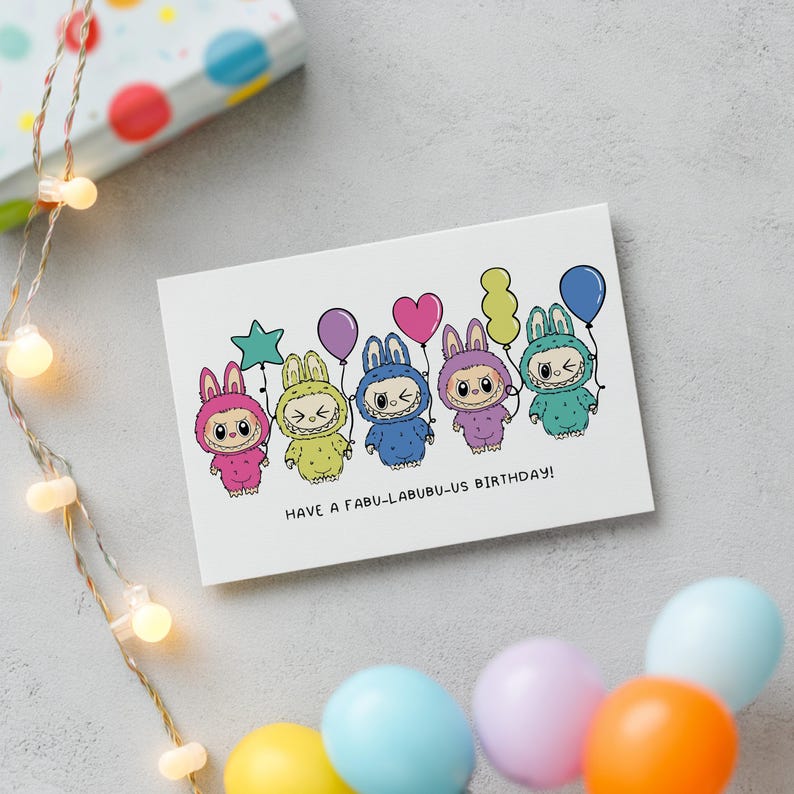 May include: A white birthday card featuring six cartoon characters in colorful costumes, each holding a balloon. The card has the text "HAVE A FABU-LABUBU-US BIRTHDAY!" and is surrounded by balloons and a string of lights.